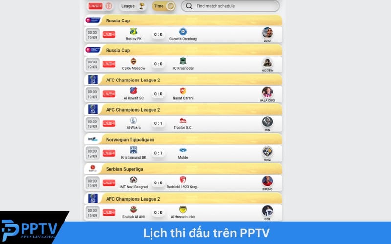 Lịch thi đấu trên PPTV